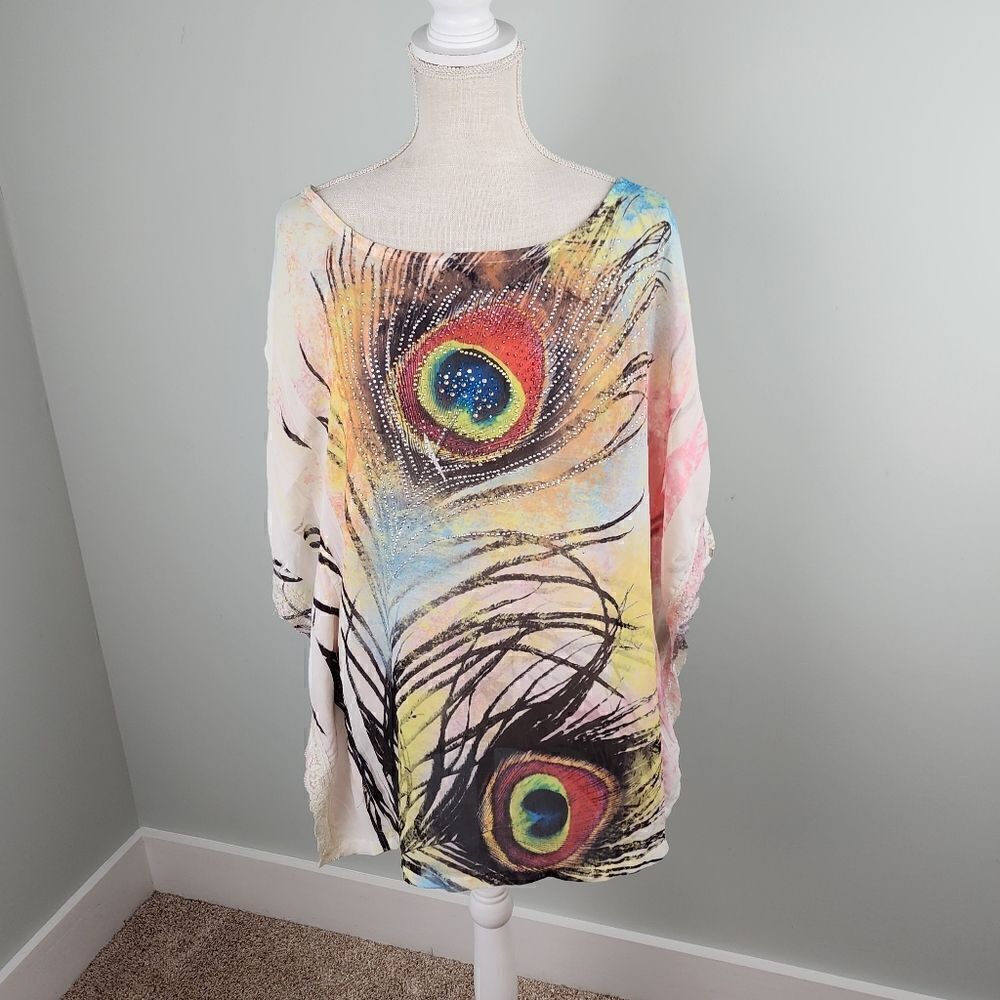 Trac Women's Peacock Design Beaded Detail Tunic Top Size XL